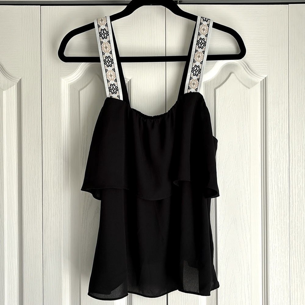 J. Crew Square Neck Black Sleeveless Blouse. Tired with patterned straps. Size 8